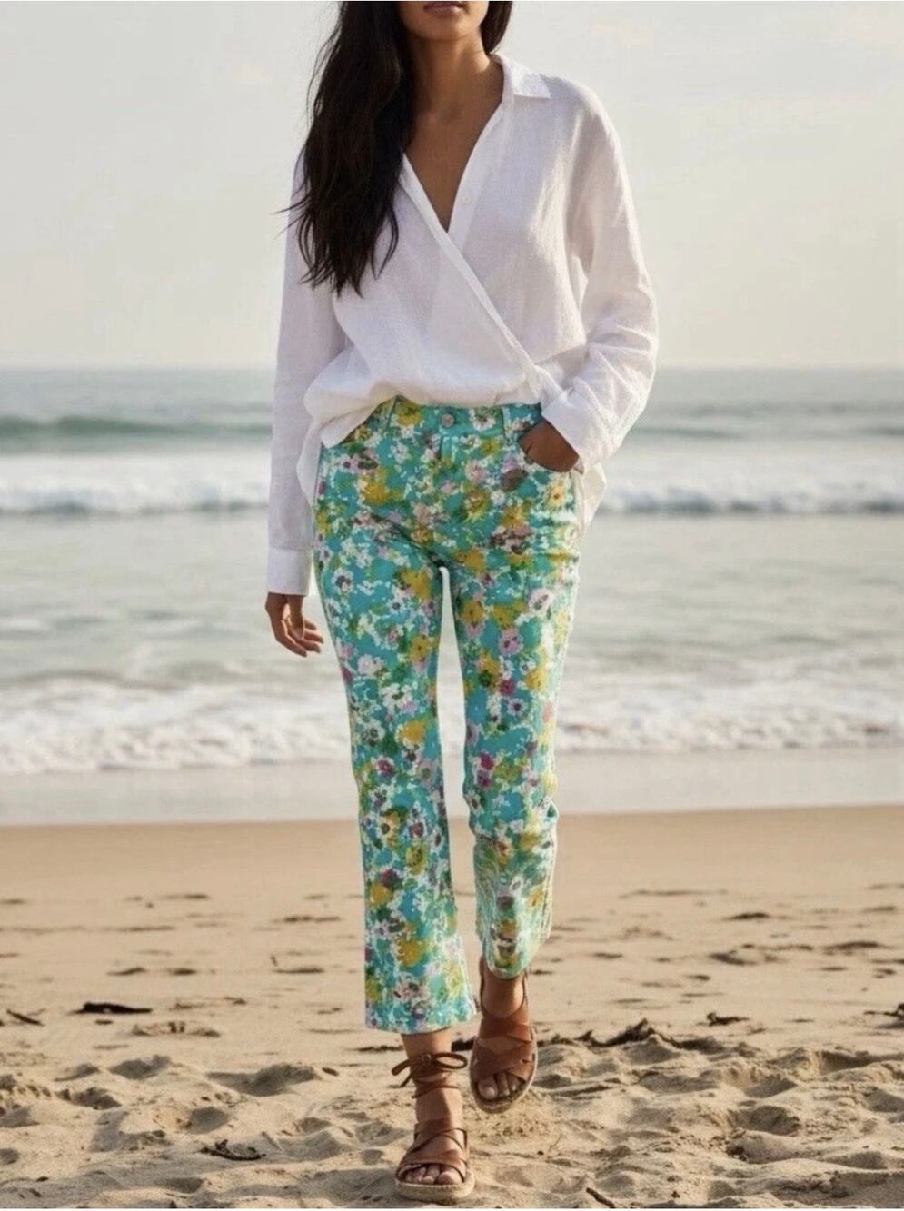 Zara Women’s Floral Linen Blend Mini Flare Cropped Trouser Pants Size 8 NWT